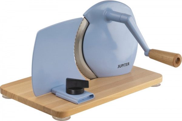 Jupiter Hand-Allesschneider mit Holzplatte Hellblau schräg