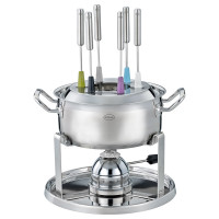 APS 65060 Fondue- en vuurzangenbowl-set, suikertang, vuurtang, fonduepot, roestvrijstalen deksel, hoogglans gepolijst, frame, verchroomd, pollepel, voor ca. 2,2 liter vloeistof, 22 cm, hoogte 23 cm