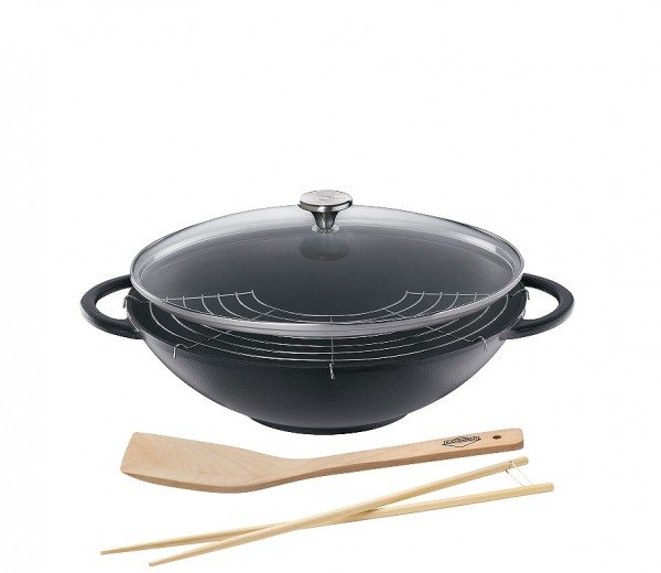 Küchenprofi Provence Gusseisen Wok-Set 36 cm mit Glasdeckel schwarz