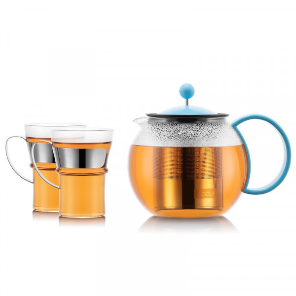 Bodum Assam Set Teekanne mit zwei Gläsern blau