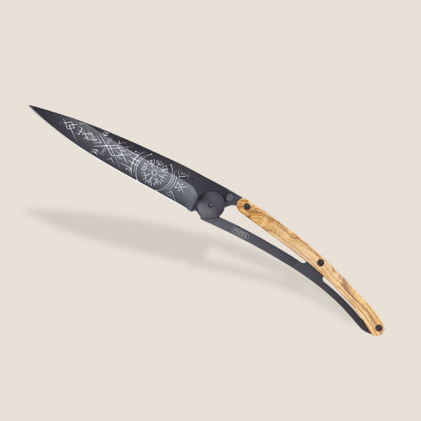 deejo Taschenmesser Olivenholz Wikinger Vegvisir