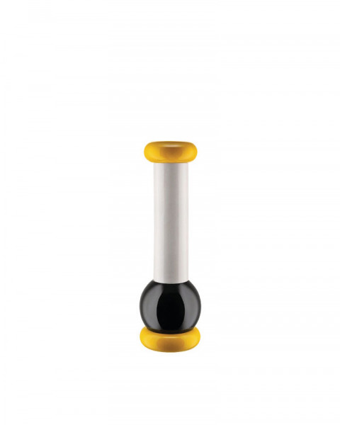 Alessi Salz-/Pfeffer- und Gewürzmühle aus Buchenholz, gelb, schwarz und weiß.
