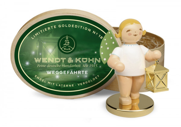Limitierte Goldedition No. 18, Weggefährte, Engel mit Laterne auf Metallsockel vergoldet, in Spanschachtel